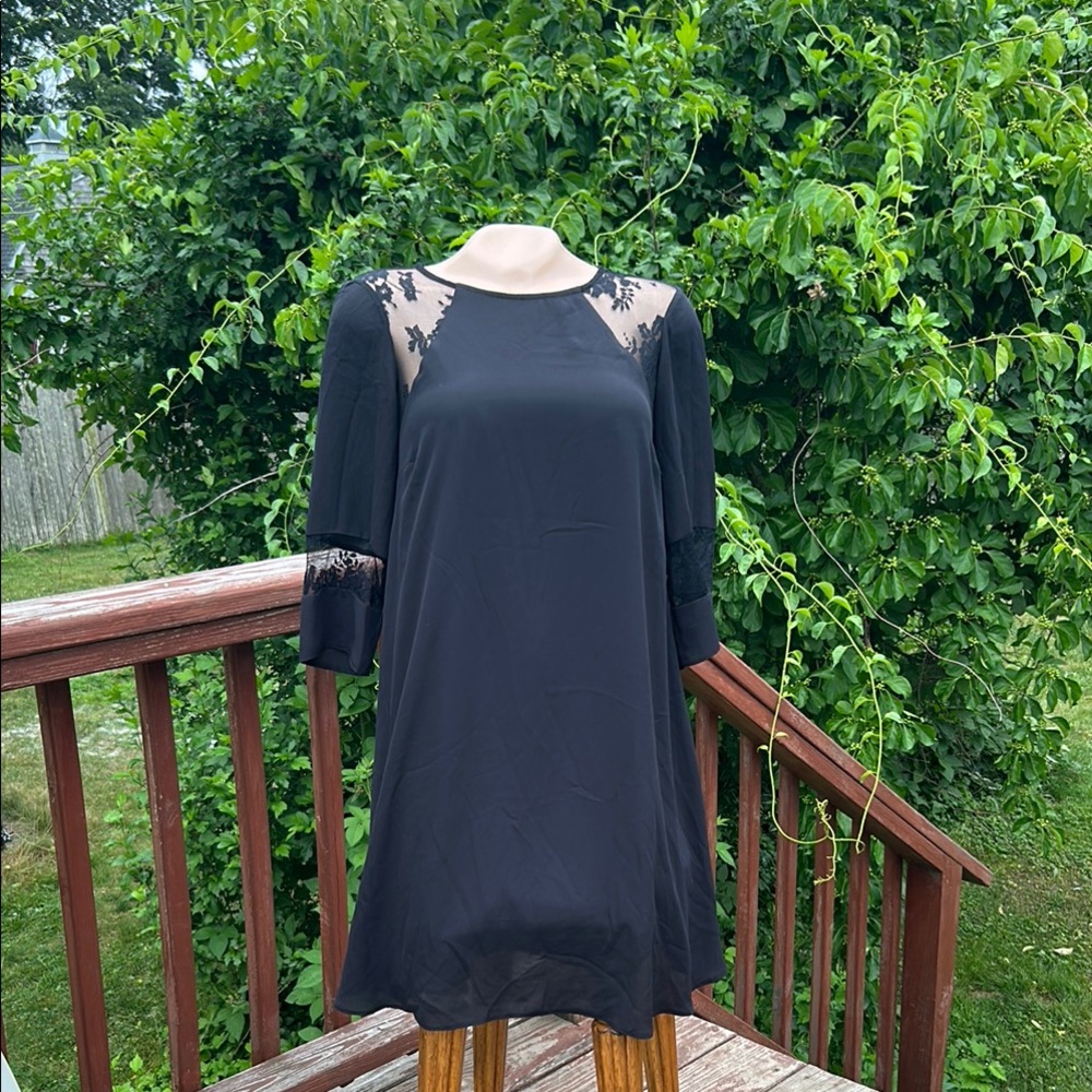 ASOS Black Sheath Midi Dress with Bell Sleeves and Lace Size 4
